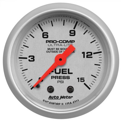 Autometer "Ultra-Lite", Bränsletryckmätare, 0-15 PSI, 52 mm