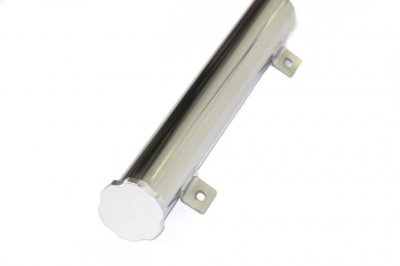 Polished Stainless Steel Overflow Tank. Overflow measures 2 x 15 and holds 22 oz of fluid. It features new style twist-in cap an