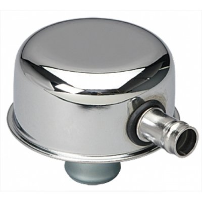 Kromat oljepåfyllningslock 25 mm med slanganslutning 90-grader